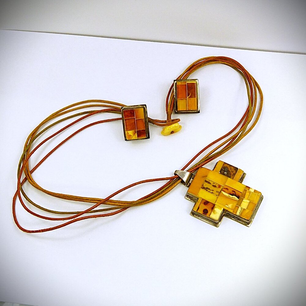 925 Silver and Mosaic Baltic Amber Set: Cross, Earrings, Multi Leather Cord - Picture 6 of 13
